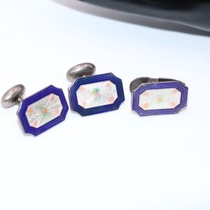 Sterling Silver Guilloche Enamel Antique Cufflinks Tie Bar